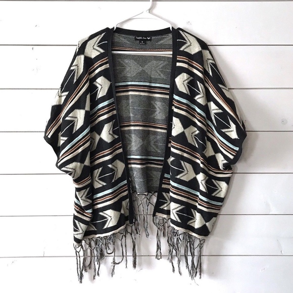 Double Zero Sweaters - Double Zero Gray Tribal Fringe Open Front Cardigan